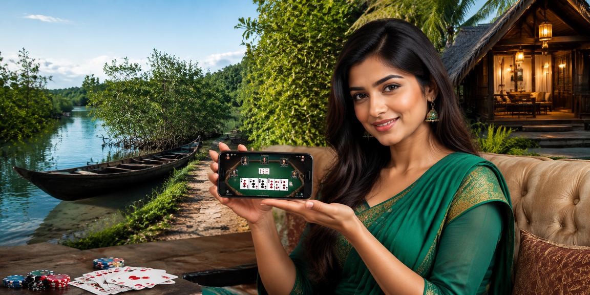 সুন্দরবন এলাকায় চা বাগানের পটভূমিতে মোবাইলে ek 33 রামি গেম খেলার দৃশ্য
